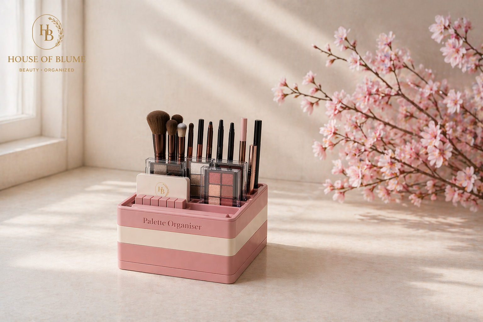 Pink ClikBrik palette organiser holding makeup brushes and eyeshadow palettes, lit by soft natural light beside cherry blossom branches